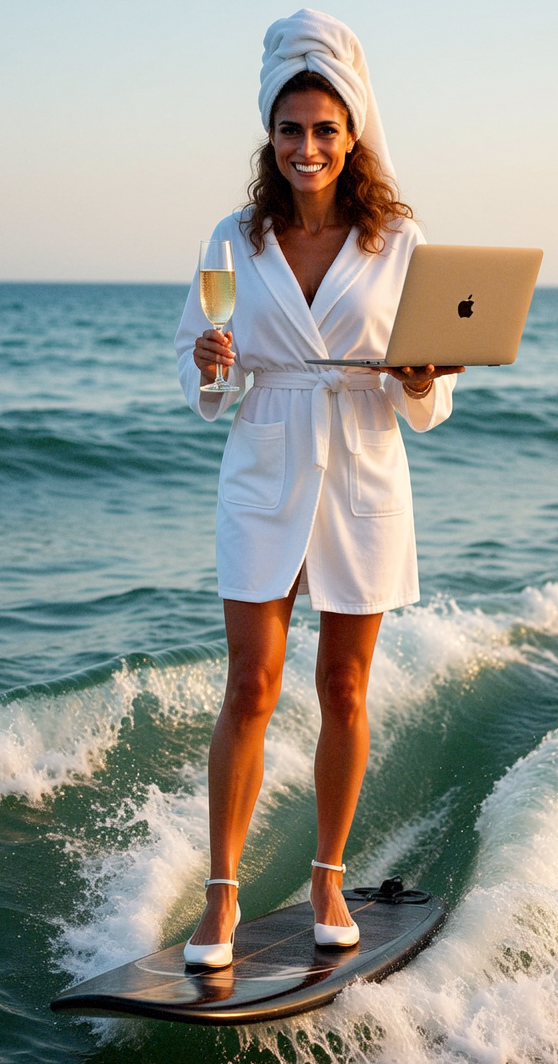 Melissa in a white robe and towel on her head, holding a laptop and glass of wine, standing on a surfboard in the ocean viewing GoWithMelissa.com.